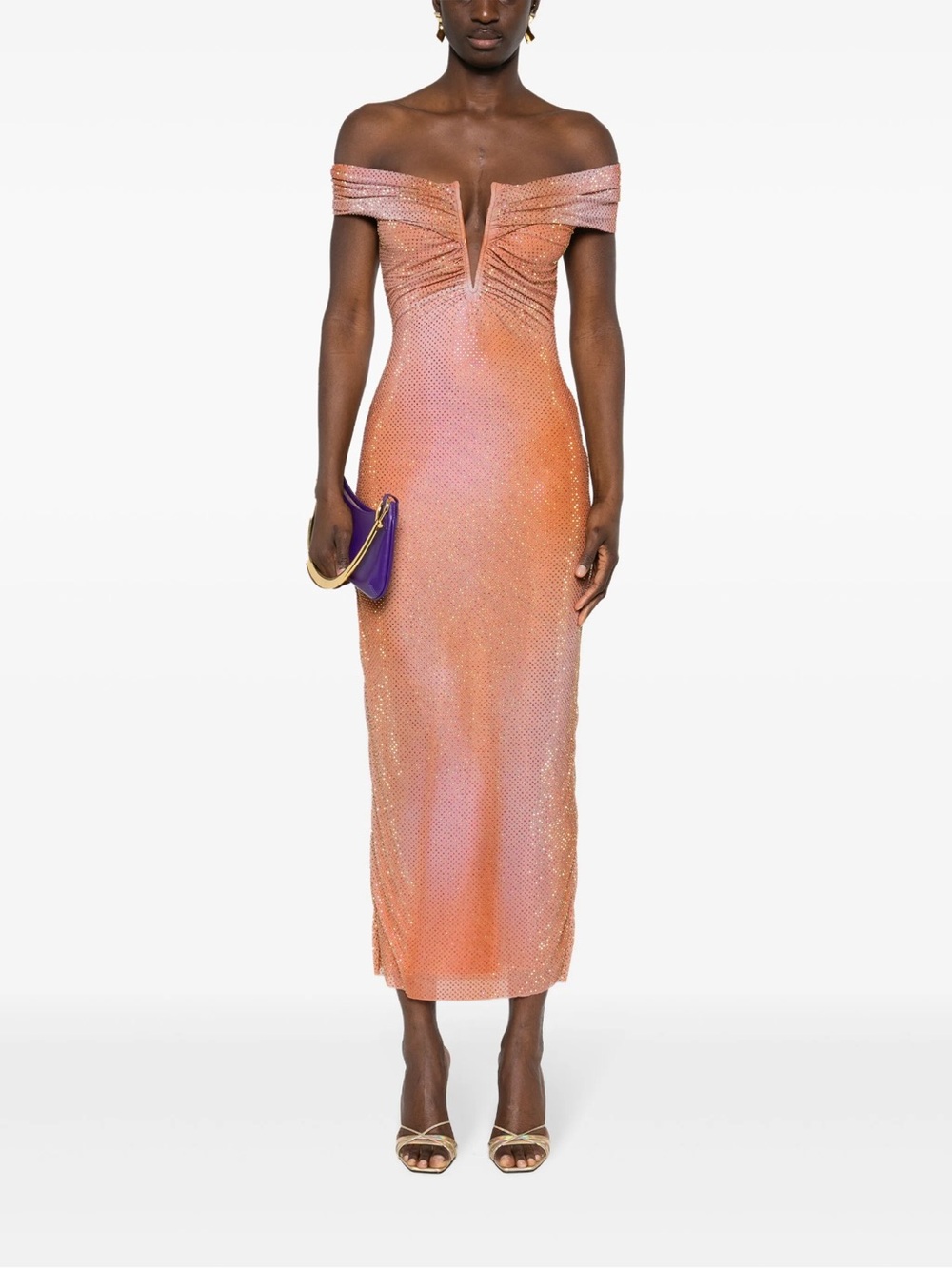 Self-Portrait Off-Shoulder Beaded Midi Dress in Peach